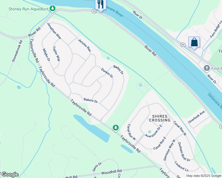map of restaurants, bars, coffee shops, grocery stores, and more near 26 Dunkin Drive in Washington Crossing