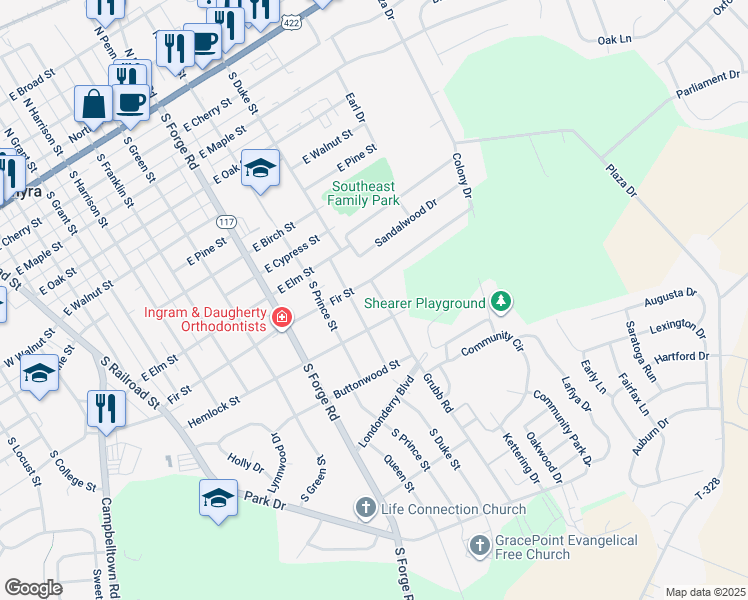 map of restaurants, bars, coffee shops, grocery stores, and more near 907 Grubb Road in Palmyra