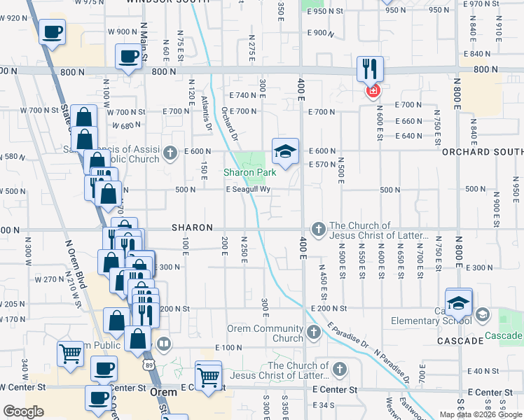 map of restaurants, bars, coffee shops, grocery stores, and more near 305 East Elmwood Drive in Orem