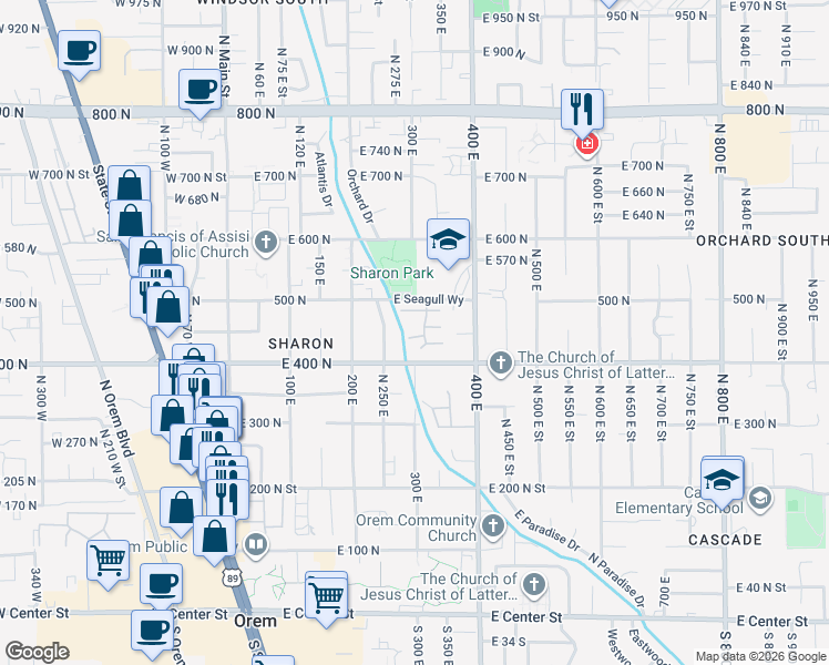 map of restaurants, bars, coffee shops, grocery stores, and more near 307 East Elmwood Drive in Orem