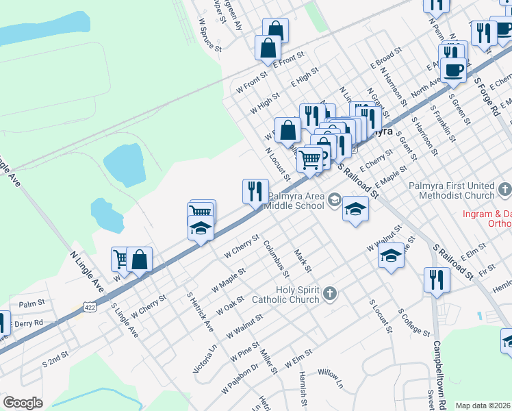 map of restaurants, bars, coffee shops, grocery stores, and more near 320 U.S. 422 in Palmyra
