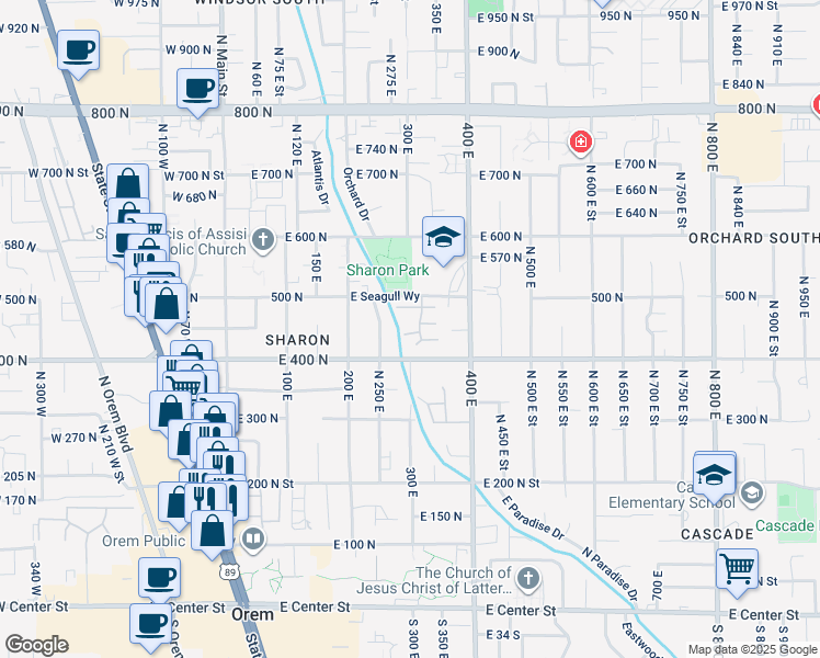map of restaurants, bars, coffee shops, grocery stores, and more near 307 Elmwood Drive in Orem