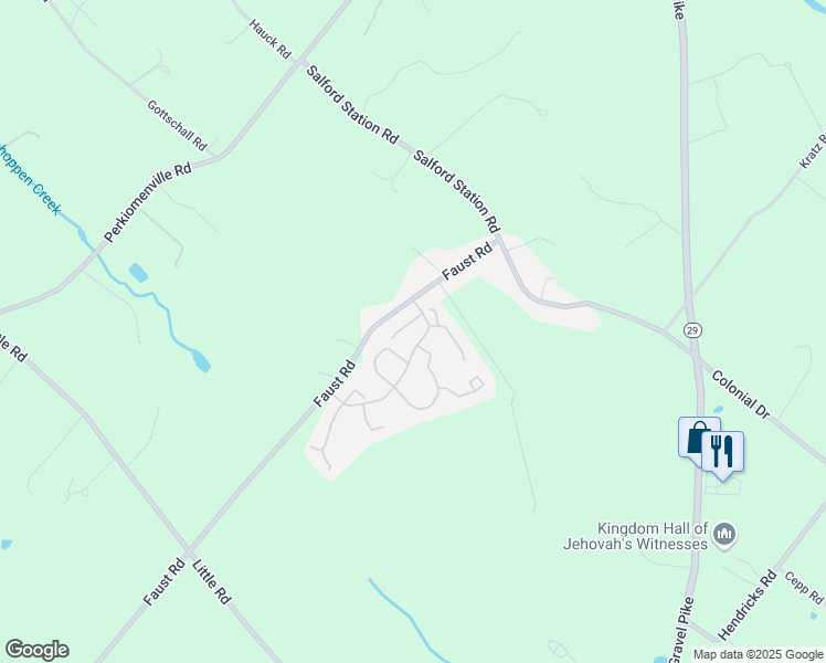 map of restaurants, bars, coffee shops, grocery stores, and more near 1232 Pine Ridge Drive in Perkiomenville
