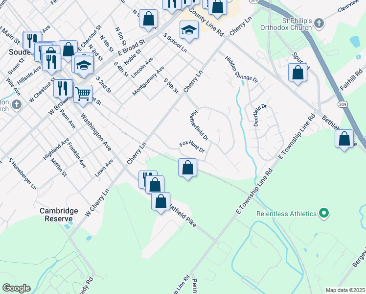 map of restaurants, bars, coffee shops, grocery stores, and more near 101 Fox Hunt Drive in Souderton