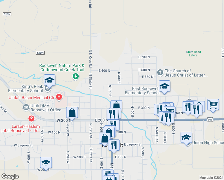 map of restaurants, bars, coffee shops, grocery stores, and more near 458 North 190 East in Roosevelt