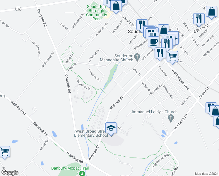 map of restaurants, bars, coffee shops, grocery stores, and more near 331 West Chestnut Street in Souderton