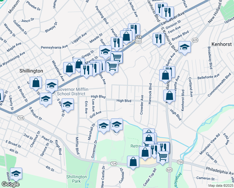 map of restaurants, bars, coffee shops, grocery stores, and more near 237 High Boulevard in Shillington