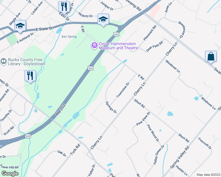 map of restaurants, bars, coffee shops, grocery stores, and more near 51 Springs Drive in Doylestown