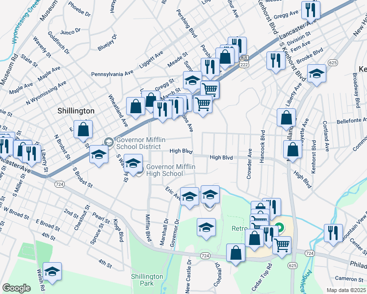 map of restaurants, bars, coffee shops, grocery stores, and more near 123 High Boulevard in Shillington