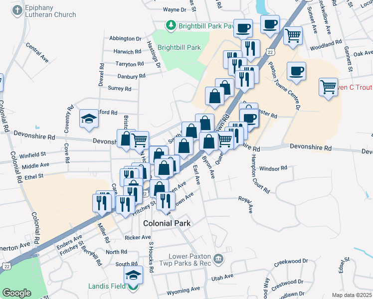map of restaurants, bars, coffee shops, grocery stores, and more near 4903 Orchard Street in Harrisburg