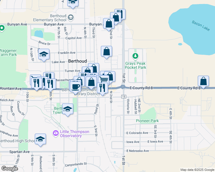 map of restaurants, bars, coffee shops, grocery stores, and more near 224 Mountain Avenue in Berthoud