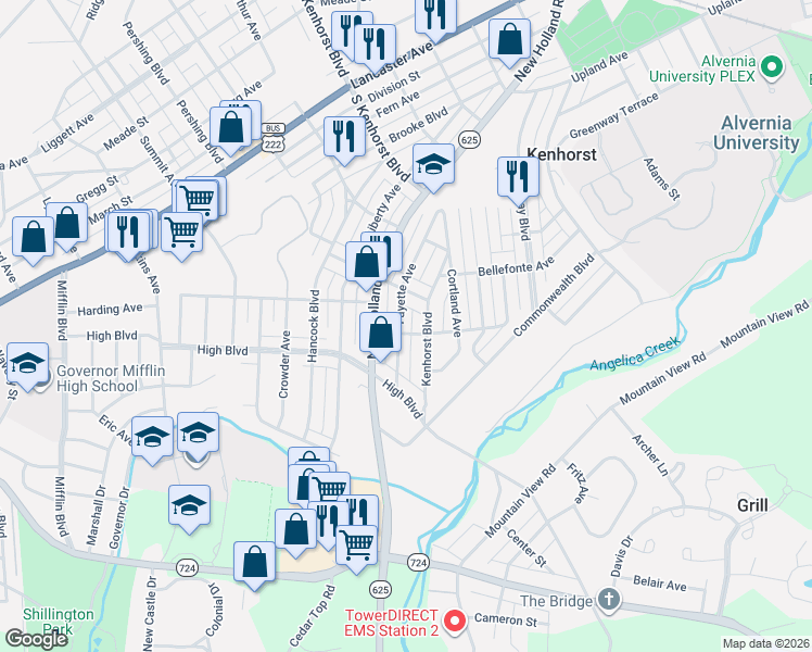 map of restaurants, bars, coffee shops, grocery stores, and more near 1607 Kenhorst Boulevard in Reading