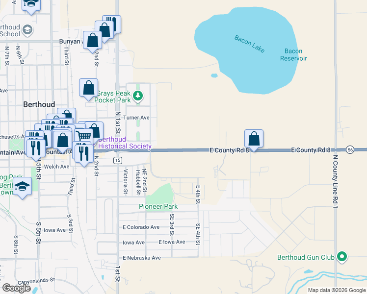 map of restaurants, bars, coffee shops, grocery stores, and more near 404 East County Road 8 in Berthoud