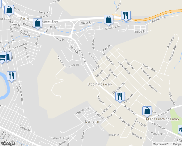 map of restaurants, bars, coffee shops, grocery stores, and more near 1222 Bedford Street in Johnstown