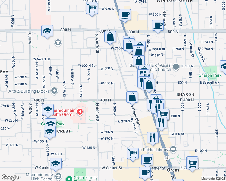 map of restaurants, bars, coffee shops, grocery stores, and more near 422 North 300 West in Orem