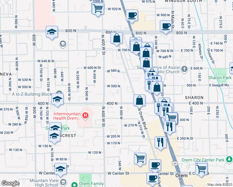 map of restaurants, bars, coffee shops, grocery stores, and more near 422 North 300 West in Orem