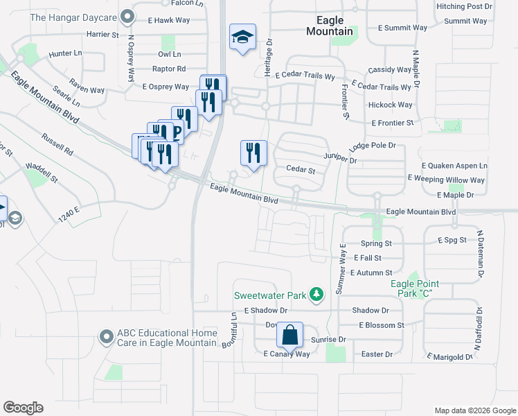 map of restaurants, bars, coffee shops, grocery stores, and more near 1754 East Skyline Drive in Eagle Mountain