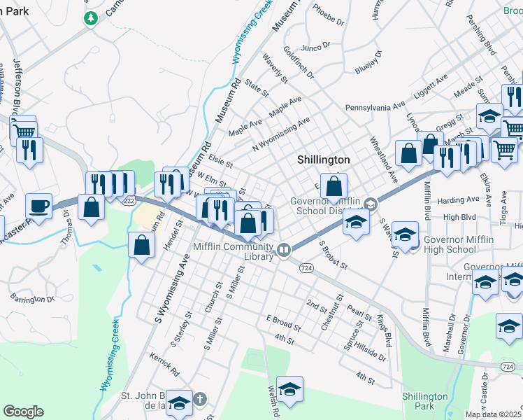 map of restaurants, bars, coffee shops, grocery stores, and more near 101 North Miller Street in Shillington