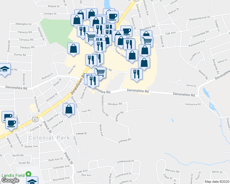 map of restaurants, bars, coffee shops, grocery stores, and more near 5333 Devonshire Road in Paxtonia