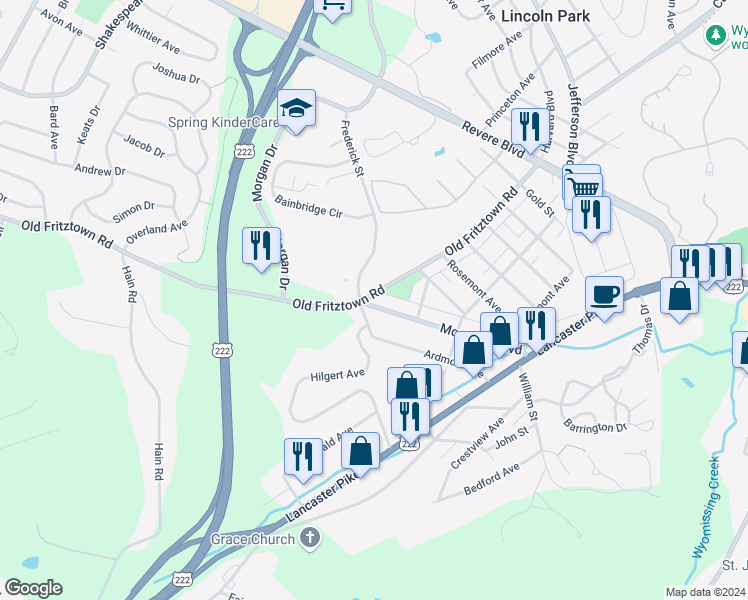map of restaurants, bars, coffee shops, grocery stores, and more near 224 Montrose Boulevard in Reading