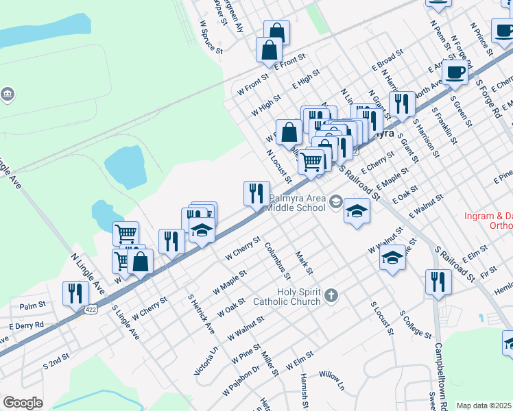 map of restaurants, bars, coffee shops, grocery stores, and more near 313 West Main Street in Palmyra