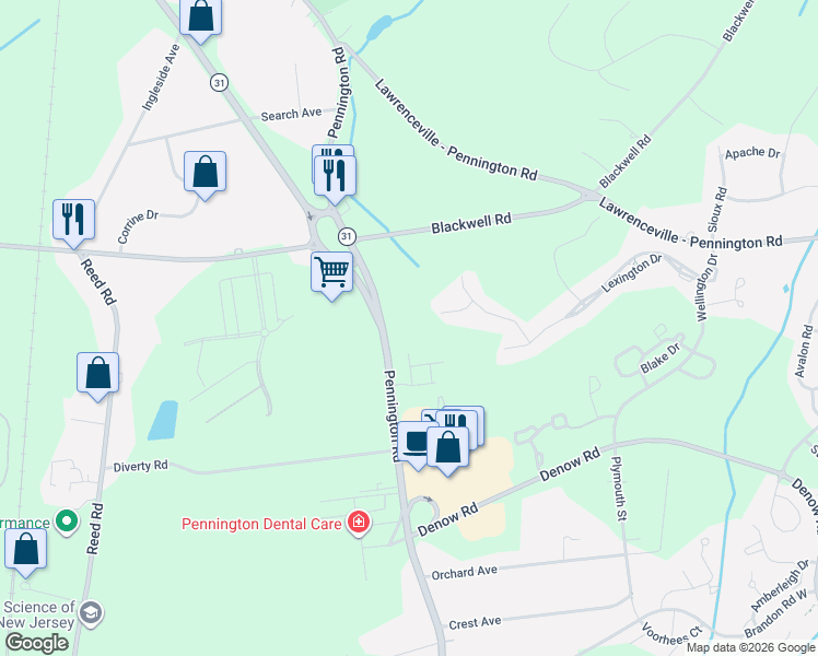 map of restaurants, bars, coffee shops, grocery stores, and more near 2516 Pennington Rd in Pennington