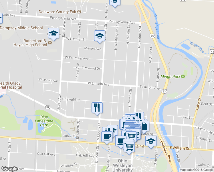 map of restaurants, bars, coffee shops, grocery stores, and more near 101 West Lincoln Avenue in Delaware