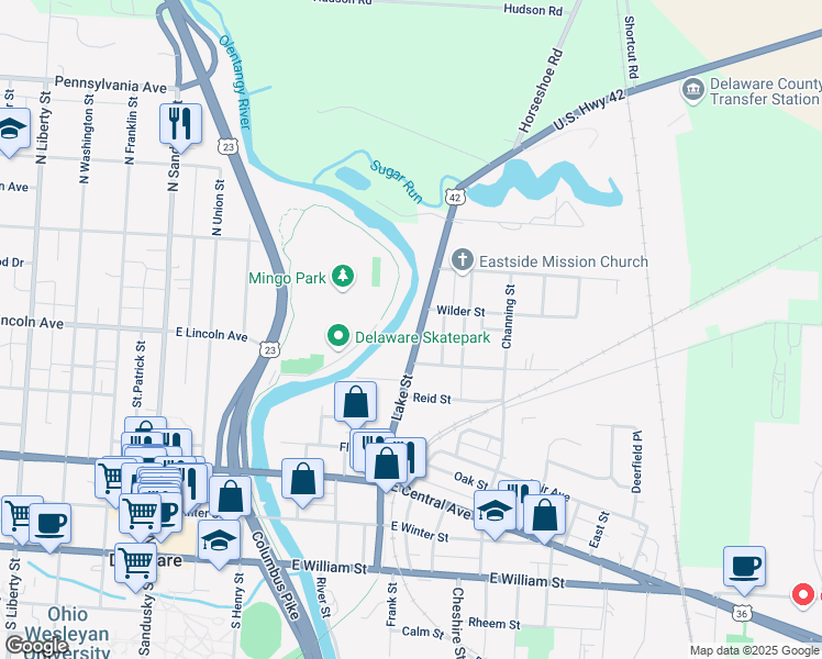 map of restaurants, bars, coffee shops, grocery stores, and more near 205 Lake Street in Delaware