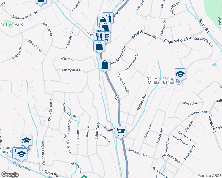 map of restaurants, bars, coffee shops, grocery stores, and more near 5968 Library Road in Bethel Park