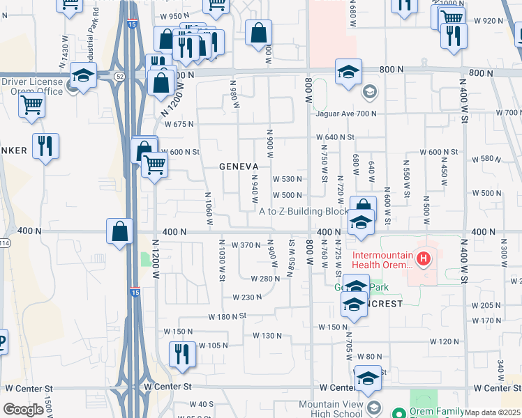 map of restaurants, bars, coffee shops, grocery stores, and more near 422 North 950 West in Orem