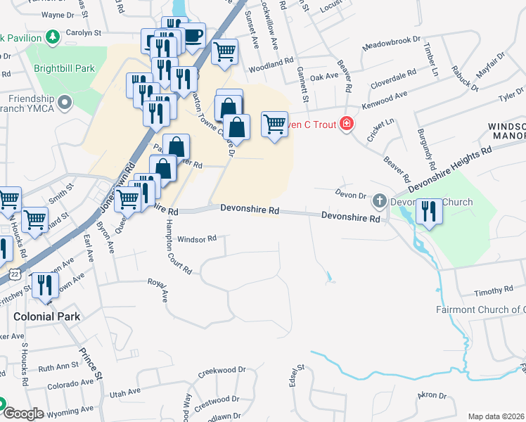 map of restaurants, bars, coffee shops, grocery stores, and more near 5350 Devonshire Road in Paxtonia