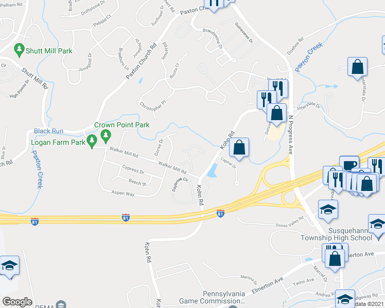 map of restaurants, bars, coffee shops, grocery stores, and more near 203 Fawn Ridge North in Harrisburg