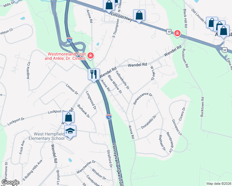 map of restaurants, bars, coffee shops, grocery stores, and more near 4036 Blue Willow Street in Irwin