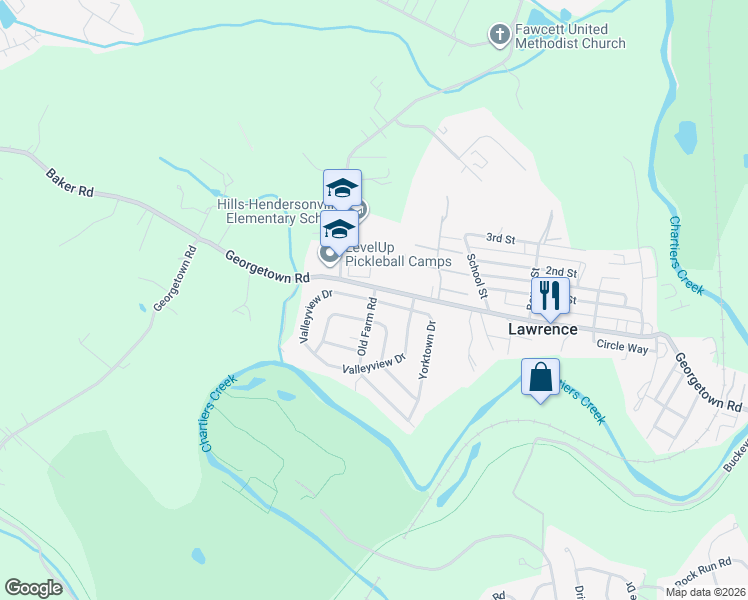 map of restaurants, bars, coffee shops, grocery stores, and more near 401 Yorktown Drive in Lawrence