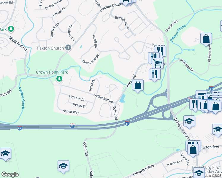 map of restaurants, bars, coffee shops, grocery stores, and more near 203 Fawn Ridge North in Harrisburg