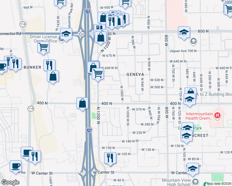 map of restaurants, bars, coffee shops, grocery stores, and more near 1094 West 465 North Street in Orem