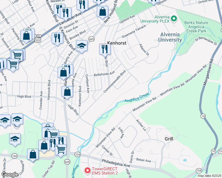 map of restaurants, bars, coffee shops, grocery stores, and more near 1432 Commonwealth Boulevard in Reading
