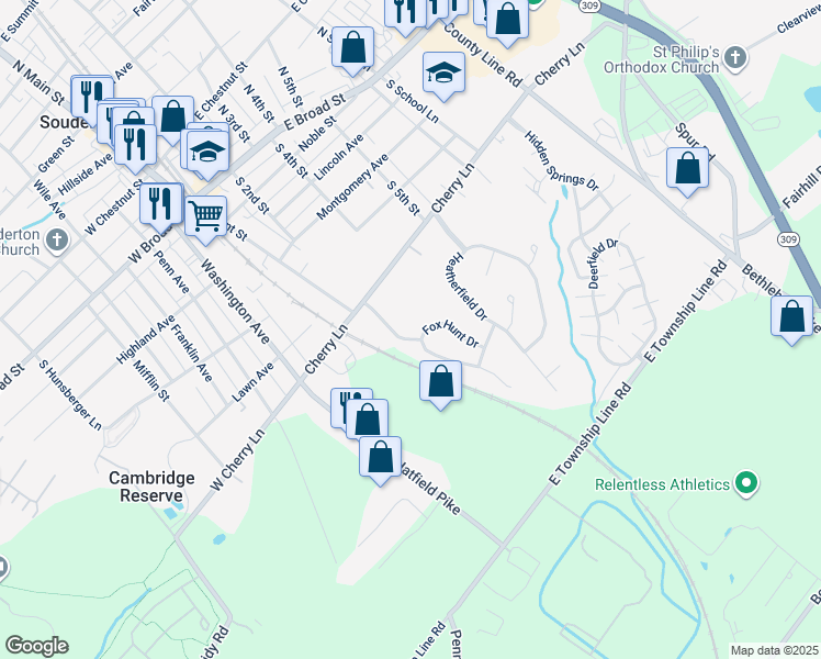 map of restaurants, bars, coffee shops, grocery stores, and more near 114 Hunters Way in Souderton