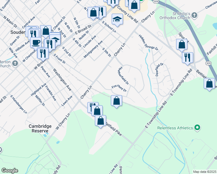 map of restaurants, bars, coffee shops, grocery stores, and more near 114 Hunters Way in Souderton