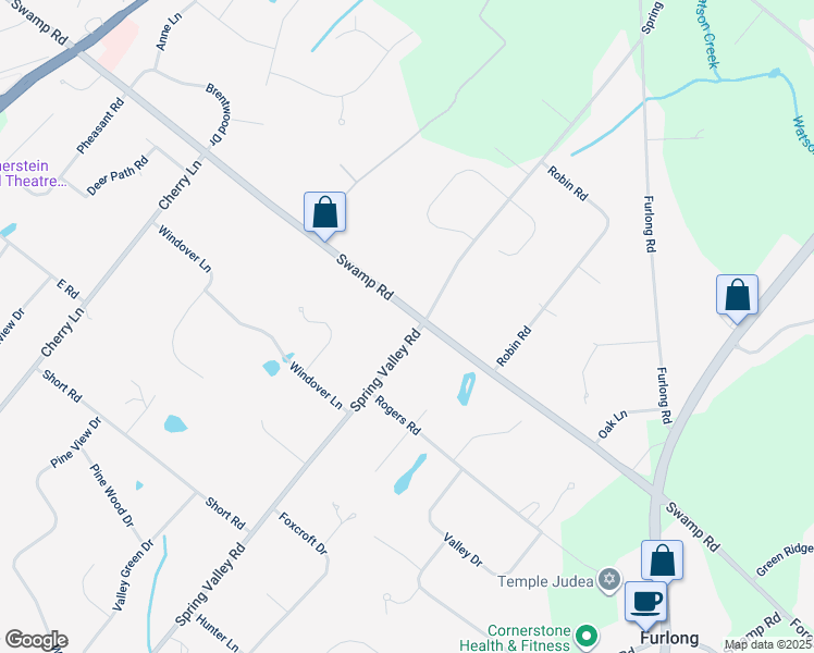 map of restaurants, bars, coffee shops, grocery stores, and more near 600 Spring Valley Road in Doylestown