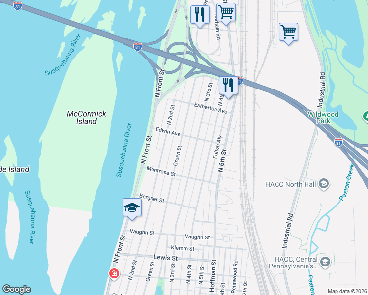 map of restaurants, bars, coffee shops, grocery stores, and more near 3511 Green Street in Harrisburg