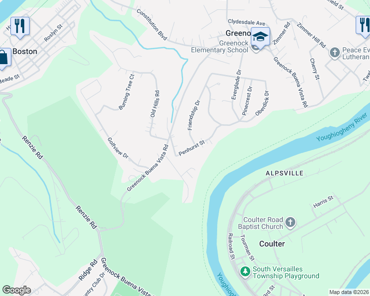 map of restaurants, bars, coffee shops, grocery stores, and more near 1228 Penhurst Street in McKeesport