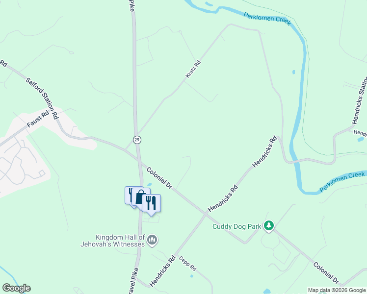 map of restaurants, bars, coffee shops, grocery stores, and more near 211 Colonial Drive in Perkiomenville