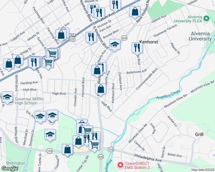 map of restaurants, bars, coffee shops, grocery stores, and more near 1607 Kenhorst Boulevard in Reading