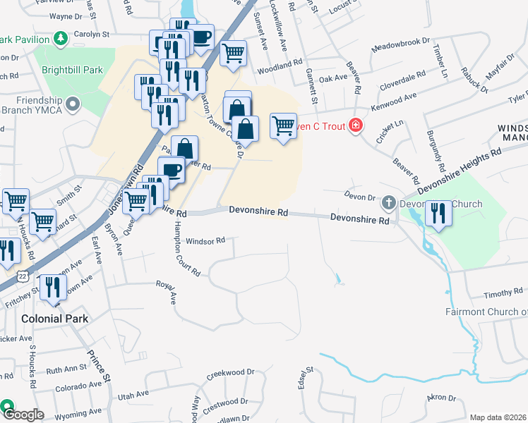 map of restaurants, bars, coffee shops, grocery stores, and more near 5350 Devonshire Road in Paxtonia