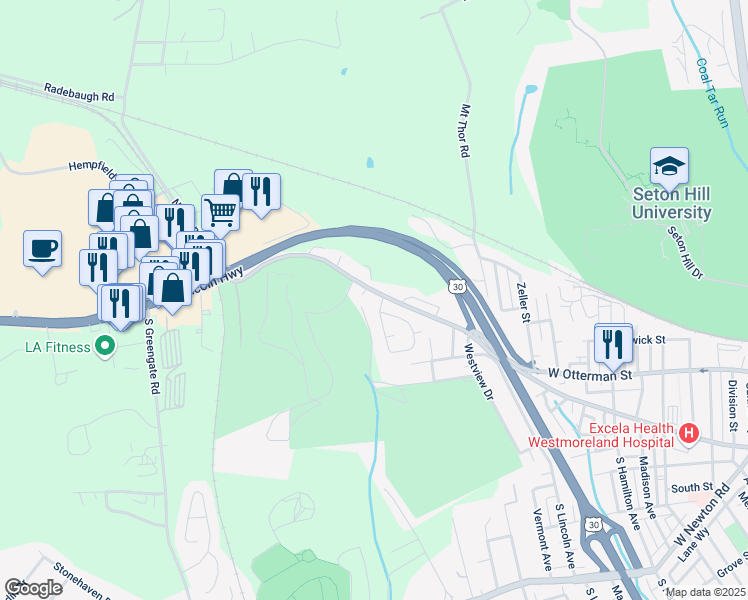 map of restaurants, bars, coffee shops, grocery stores, and more near 108 Mount Odin Drive in Greensburg