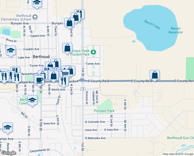 map of restaurants, bars, coffee shops, grocery stores, and more near 165 Redcloud Avenue in Berthoud
