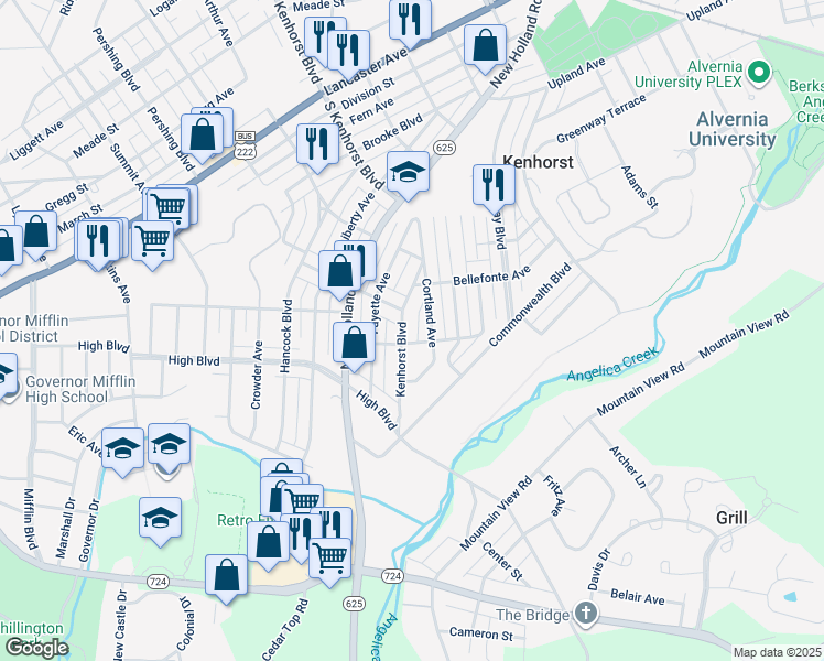 map of restaurants, bars, coffee shops, grocery stores, and more near 1522 Kenhorst Boulevard in Reading