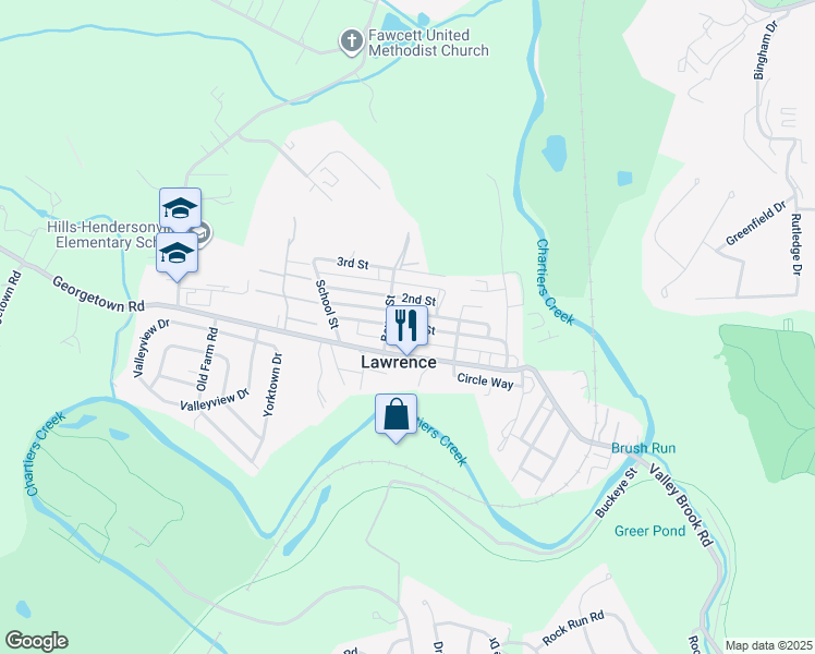map of restaurants, bars, coffee shops, grocery stores, and more near 353 1st Street in Lawrence