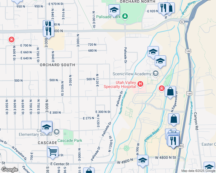 map of restaurants, bars, coffee shops, grocery stores, and more near 417 North 1200 East Street in Orem